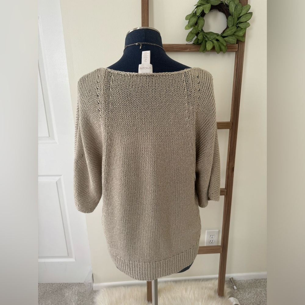 Chico's Tan Gold Shimmer Metallic Open Knit Short Sleeve Sweater Size Large - Picture 5 of 7
